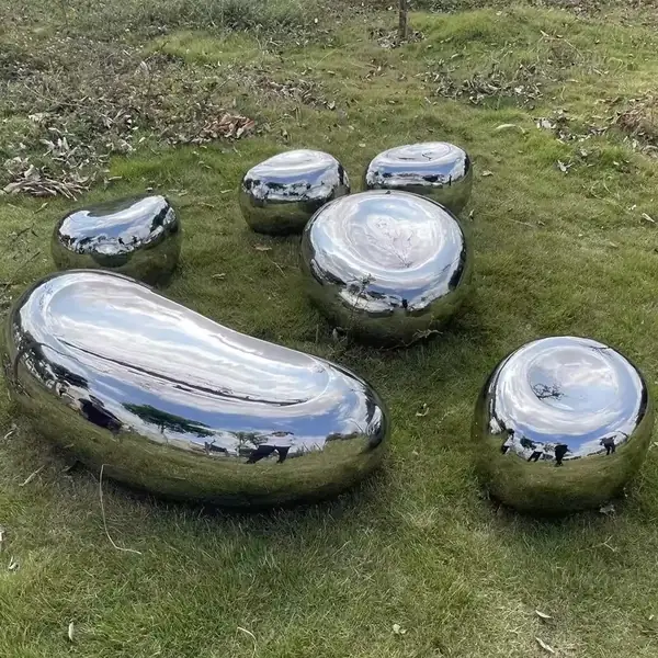 Stainless Steel Mirror Stone Table and Chairs Sculpture view 2