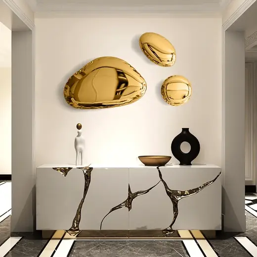 Modern Stainless Steel Metal Indoor and Outdoor Pebble Creative Wall Panel Design A produced by Xinhengda Sculpture in Shenzhen