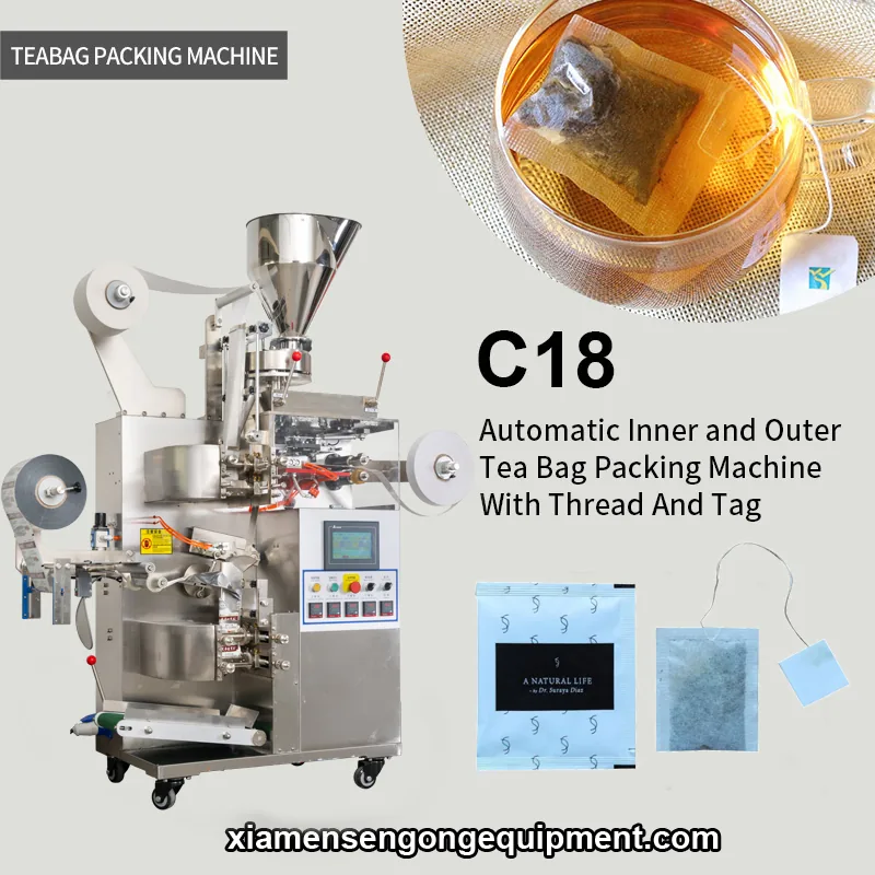 C18 automatic tea bag packing machine with control panel and film rolls