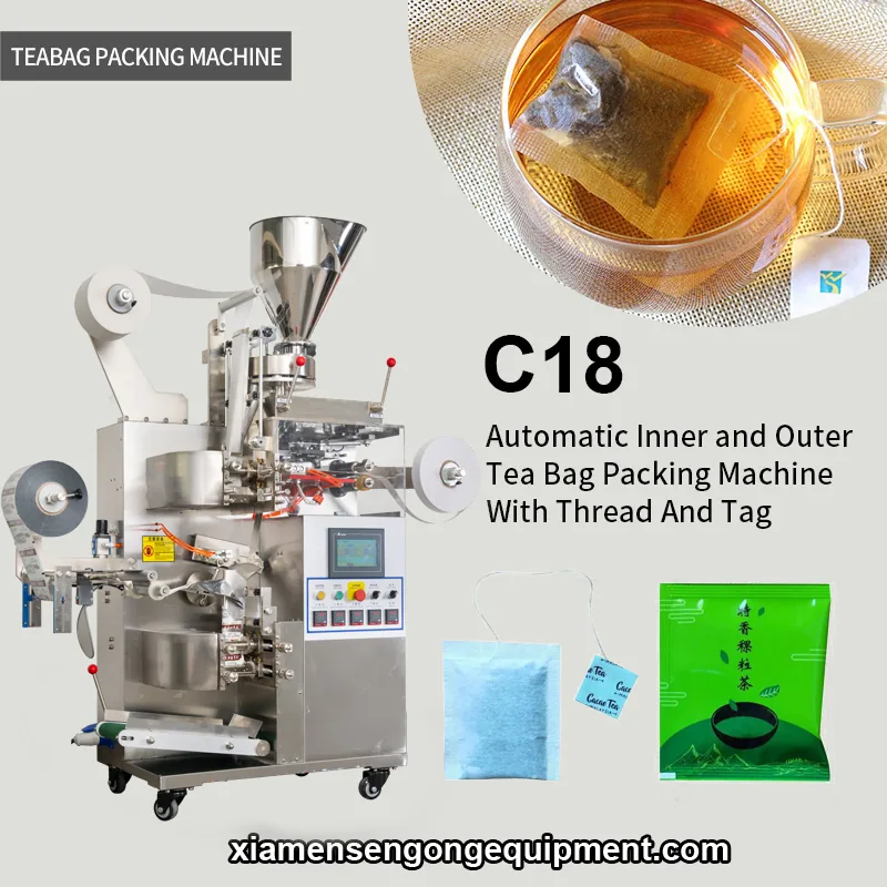 C18 automatic green tea bag packing machine with control panel and film rolls