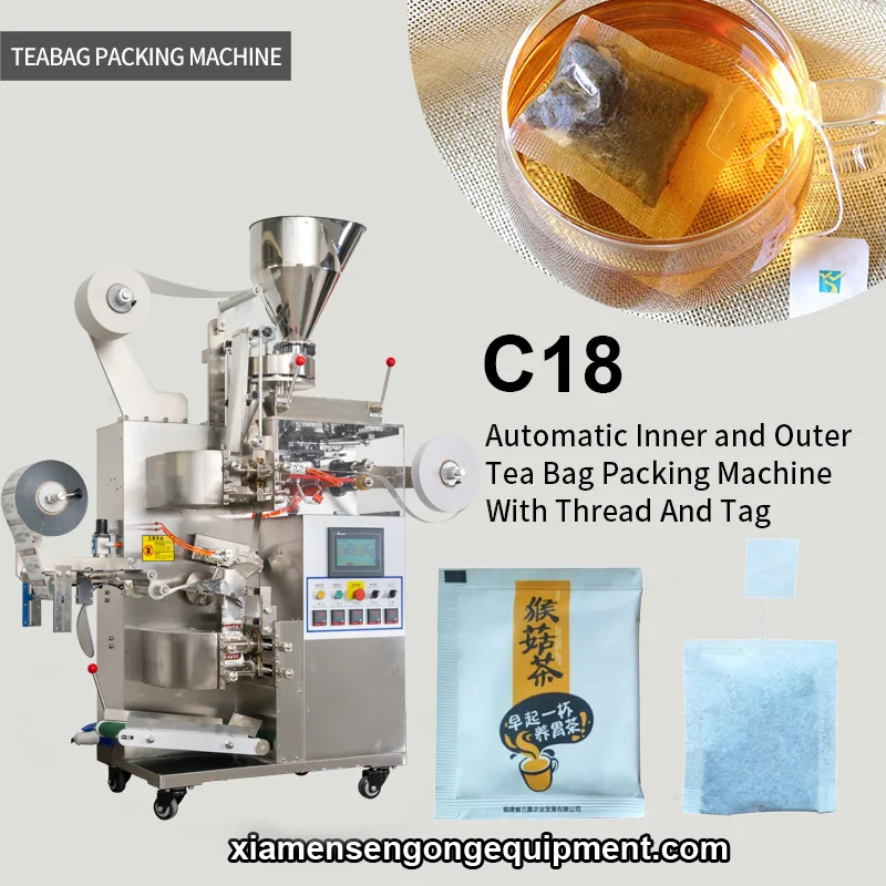 C18 automatic herb tea bag pack with outer envelope machinery showing filter paper and composite film feeding