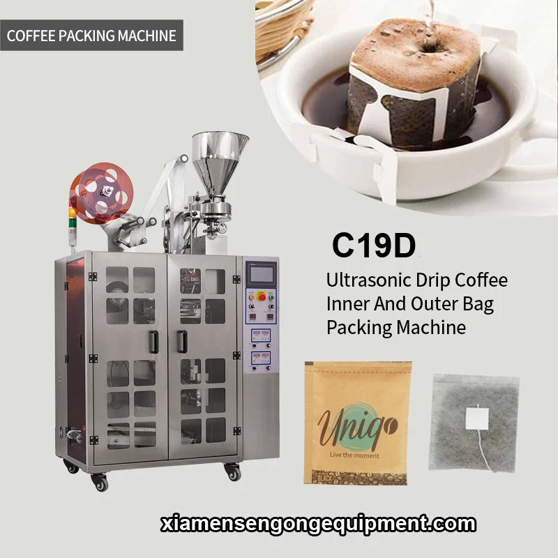 C19D inner and outer bag drip coffee packing machine with stainless steel frame and control panel