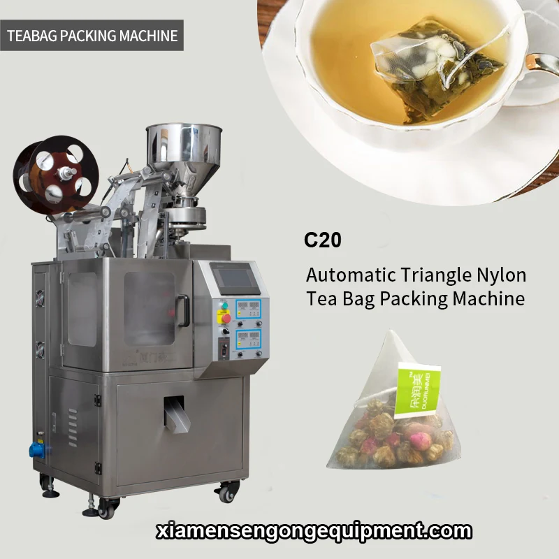 C20 automatic pyramid tea bag packing machine with stainless steel frame and control panel