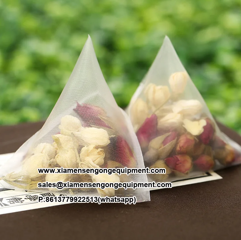 Triangle tea bags with visible loose leaf and outer envelope produced on the C88DX machine