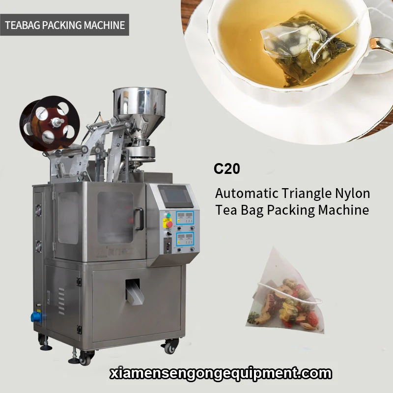 C20 automatic pyramid tea bag packing machine with stainless steel frame and control panel