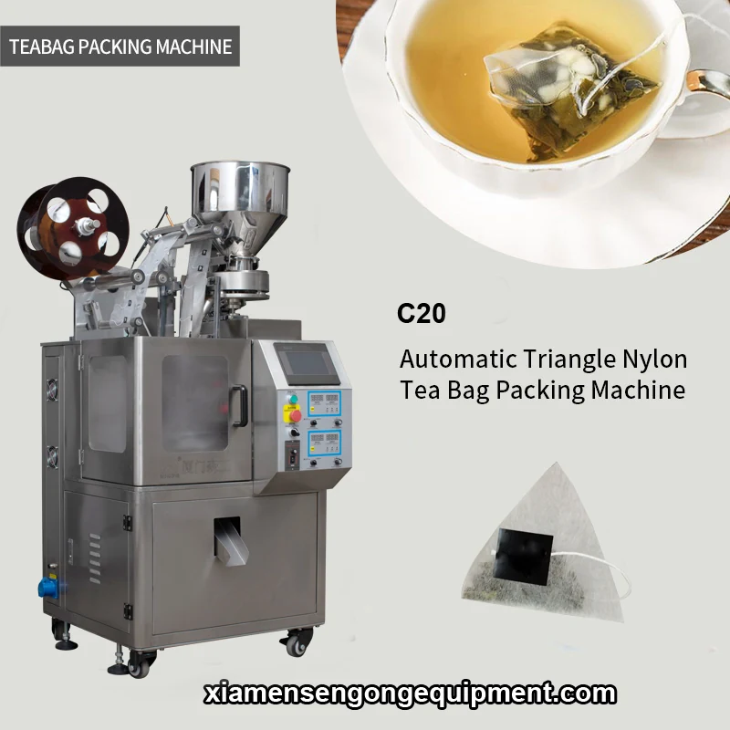 C20 automatic pyramid tea bag packing machine with stainless steel frame and control panel