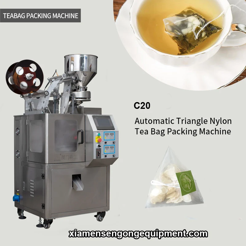 C20 green pyramid tea packing machine with stainless steel frame and control panel
