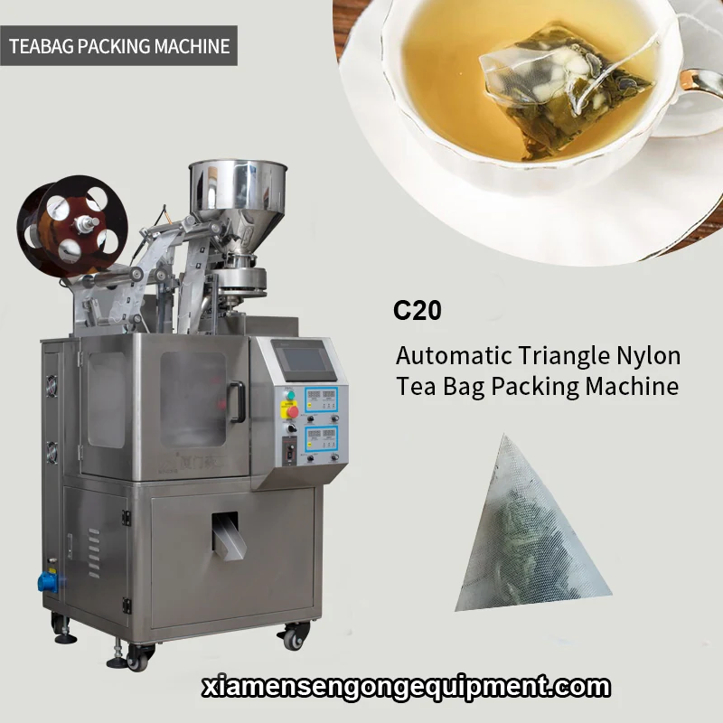 C20 automatic pyramid tea bag packing machine with stainless steel frame and control panel