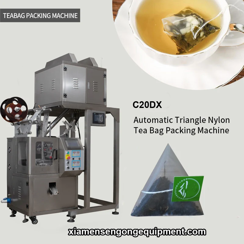 C20DX automatic sachet nylon herbal tea packing machine with stainless steel frame and control panel