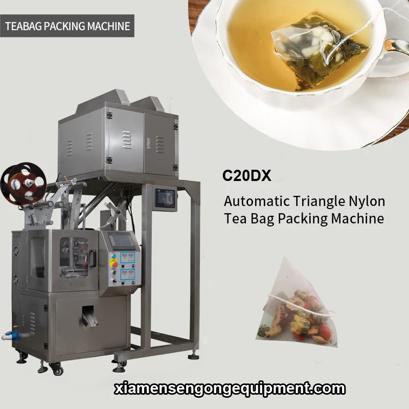 C20DX small scale pyramid tea bag machine with stainless steel frame and control panel