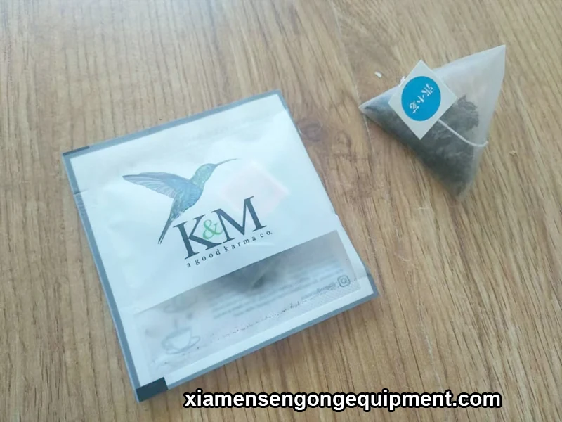 Triangle tea bags with visible whole leaf produced on the C21DX-2 machine