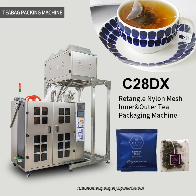Double-layer pyramid tea bags with visible whole leaf produced on the C28DX machine