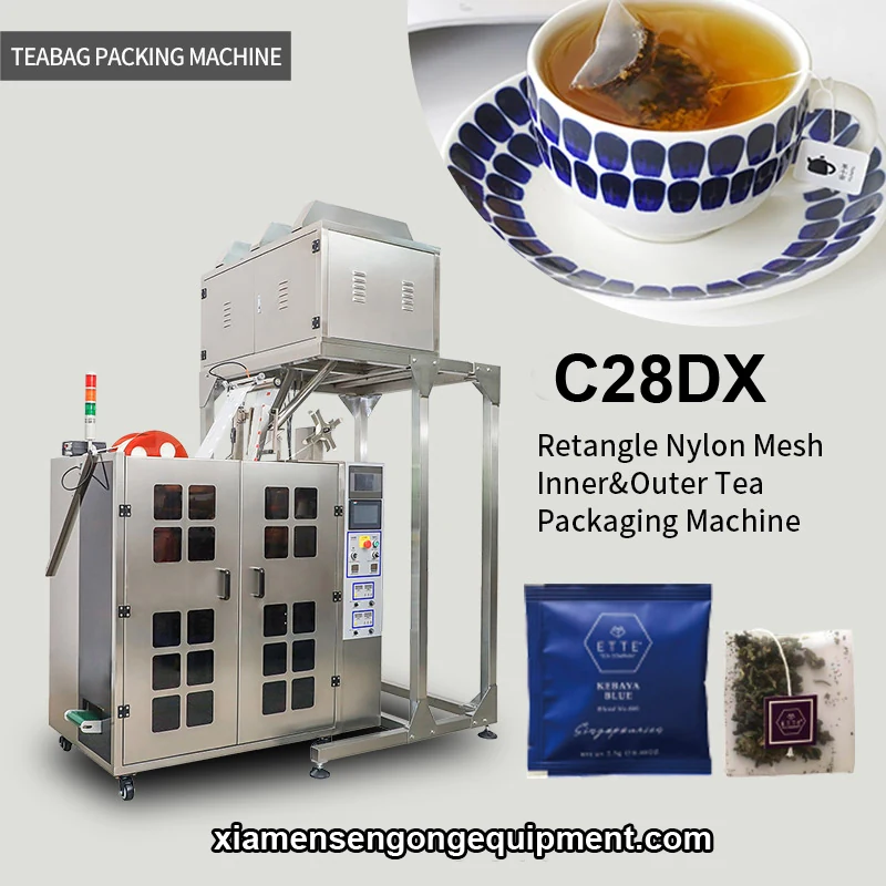 C28DX automatic pyramid tea inner and outer bag filling machine with stainless steel frame and control panel