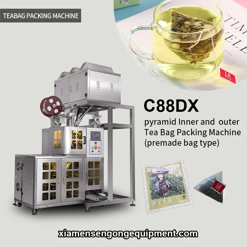 C88DX automatic pyramid herbal tea bag packaging machine with stainless steel frame and control panel