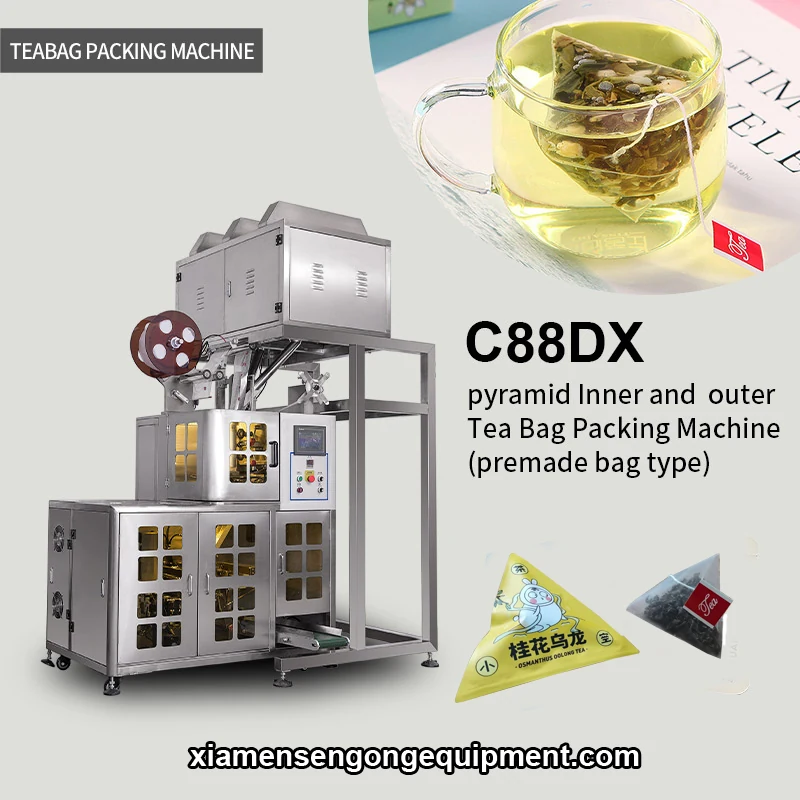 C88DX pyramid icetea processing machine with stainless steel frame and control panel