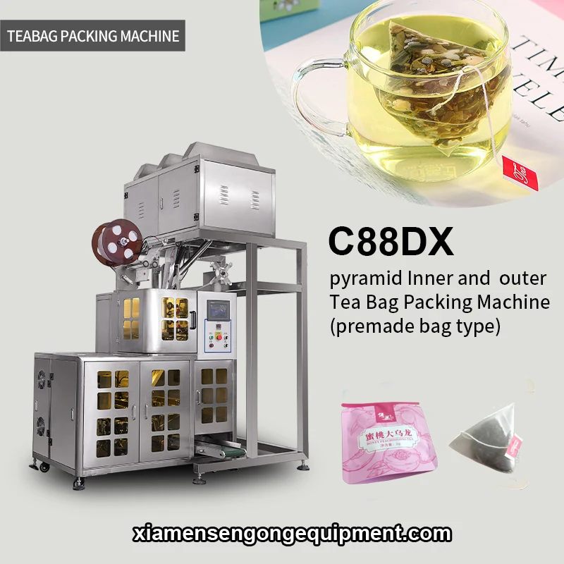 C88DX automatic pyramid tea coffee powder bag packing machine with stainless steel frame and control panel