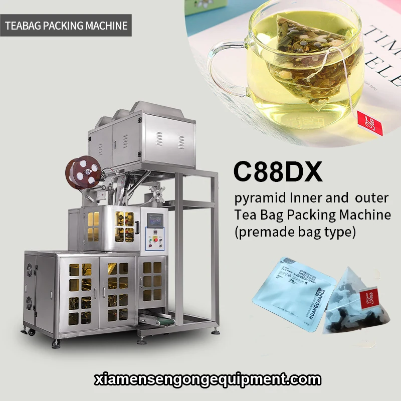 C88DX rectangle fruit tea bag production machine with stainless steel frame and control panel