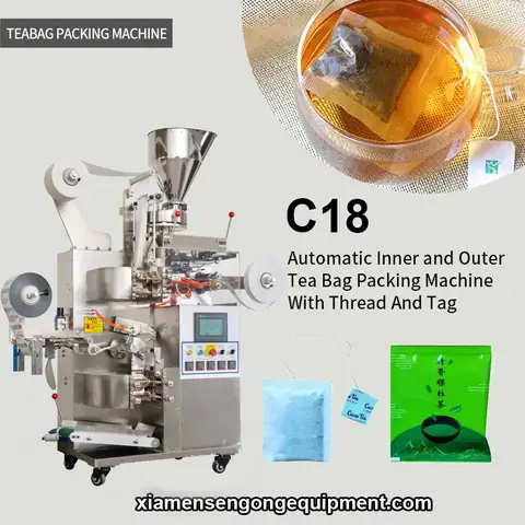 C18 automatic green tea bag packing machine with control panel and film rolls