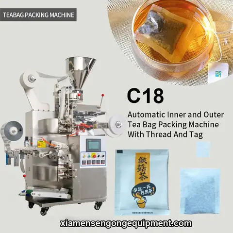 C18 automatic herb tea bag pack with outer envelope machinery showing filter paper and composite film feeding