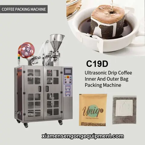 C19D automatic drip coffee bag packing machine with stainless steel frame and control panel