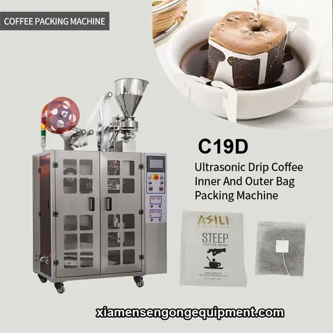 C19D small Kopi Luwah coffee packets machine with stainless steel frame and control panel