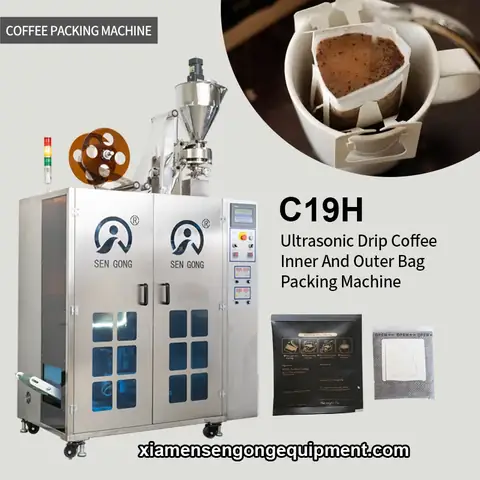 C19H automatic drip coffee filter bag packing machine with stainless steel frame and control panel