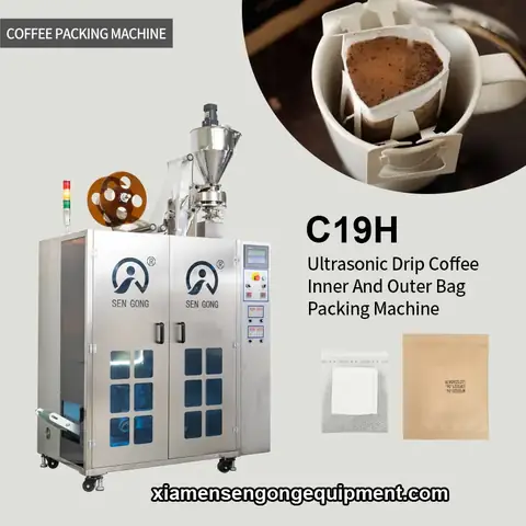 C19H hanging ear drip coffee bag packing machine with stainless steel frame and control panel