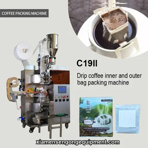C19II drip bag Robusta coffee packing machine with stainless steel frame and touch screen control panel