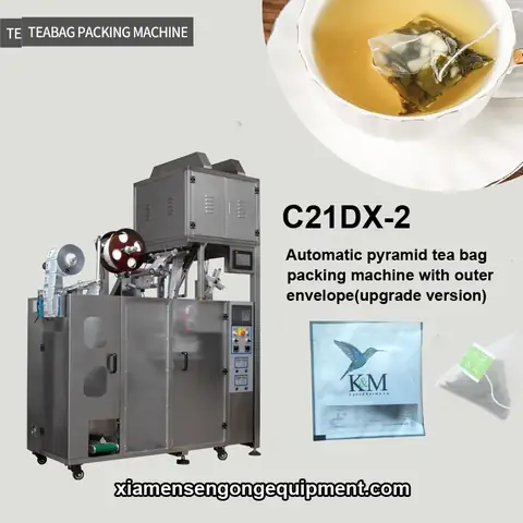 C21DX-2 triangle inner and outer fruit tea bag packing machine with stainless steel frame and control panel