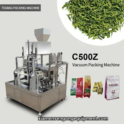 C500Z automatic roast coffee bean bag packing machine with touch screen control panel and stainless steel frame