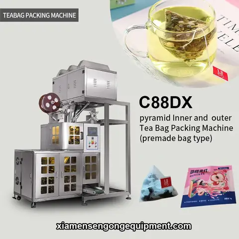 C88DX automatic triangle inner and outer green tea bag packing machine with stainless steel frame and control panel