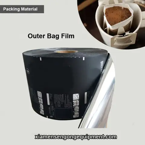 Roll of coffee outer bag packing film with laminated multiple layer structure and printed branding