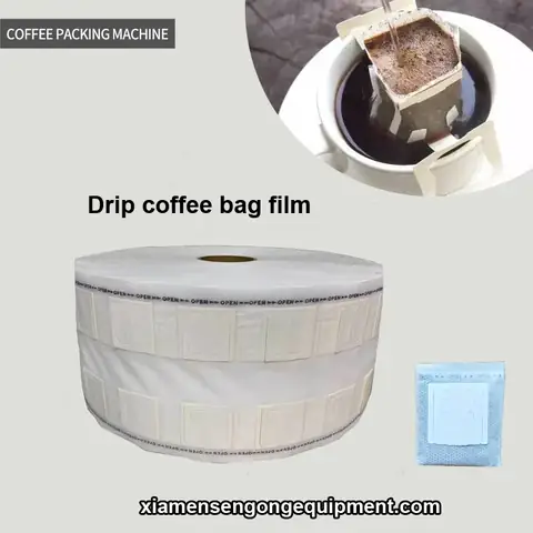 Drip coffee bag film roll with visible texture and smooth surface, showing non-woven material