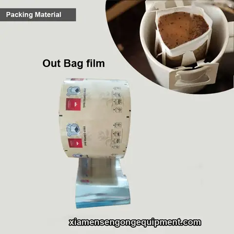 Roll of outer coffee bag film with laminated multiple layer plastic structure and printed logo