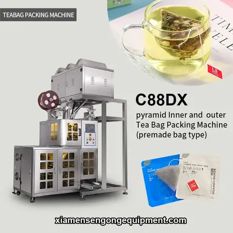 C88DX pyramid tea bag packaging machine with stainless steel frame and control panel