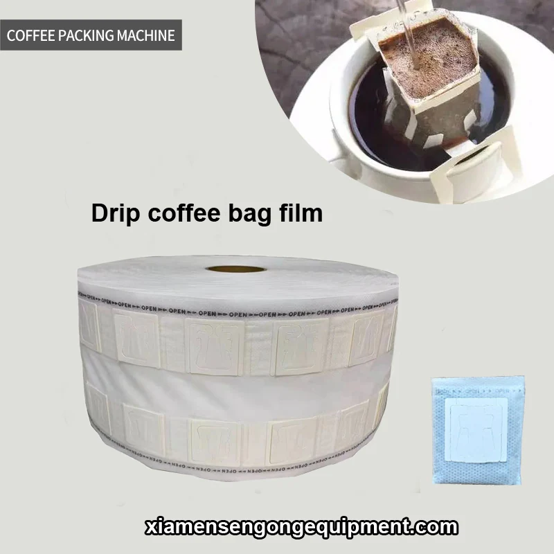 Drip coffee bag film roll with visible texture and smooth surface, showing non-woven material