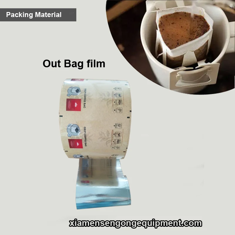 Roll of outer coffee bag film with laminated multiple layer plastic structure and printed logo