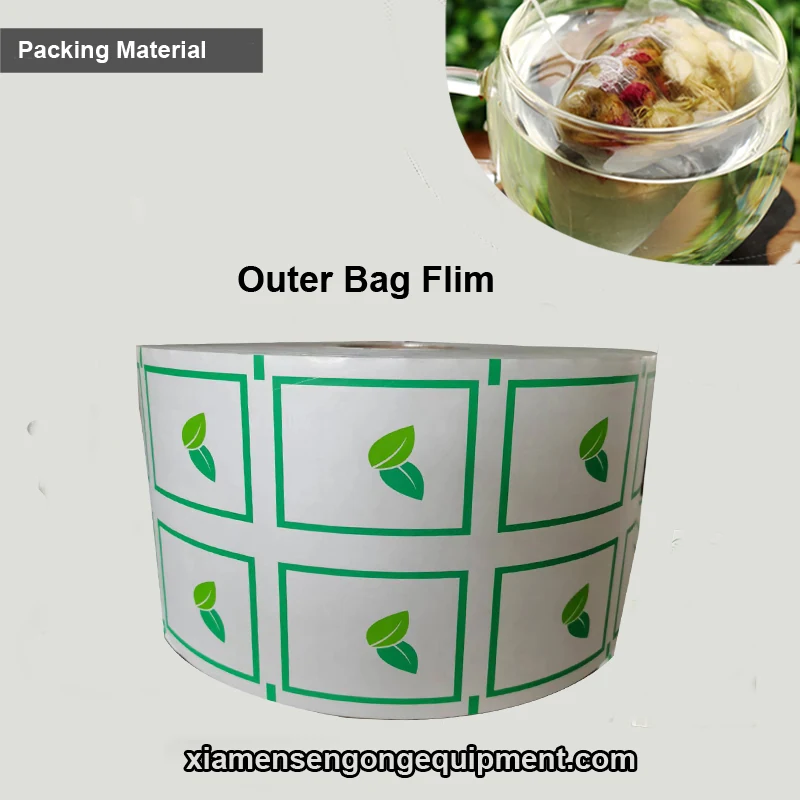 Roll of outer tea bag film with laminated multiple layer structure and printed logo