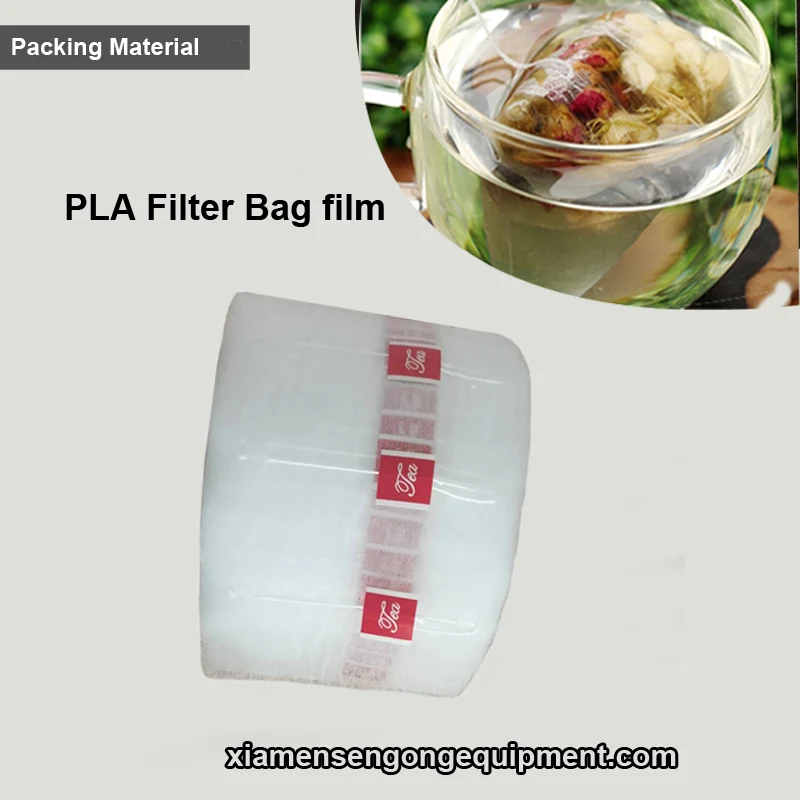 PLA biodegradable filter bag film roll showing transparent material and printed surface
