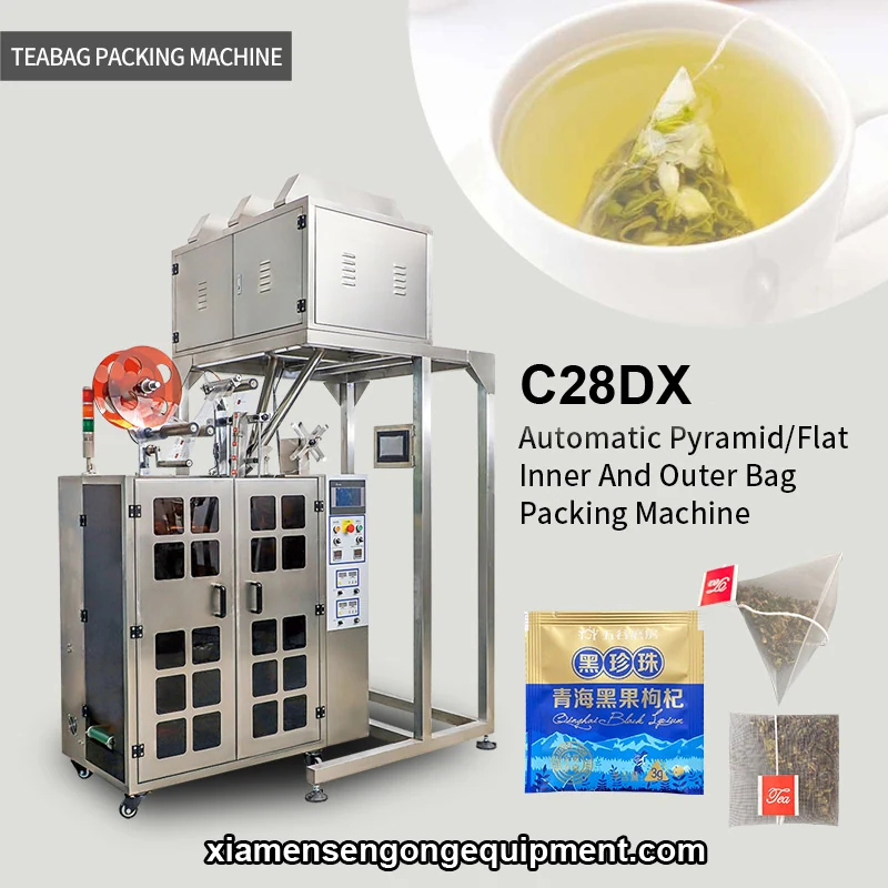 C28DX automatic pyramid fruit tea bag packing machine with stainless steel frame and control panel
