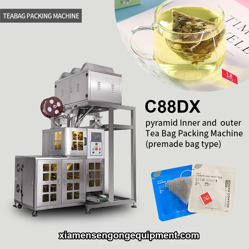 C88DX pyramid tea bag packaging machine with stainless steel frame and control panel