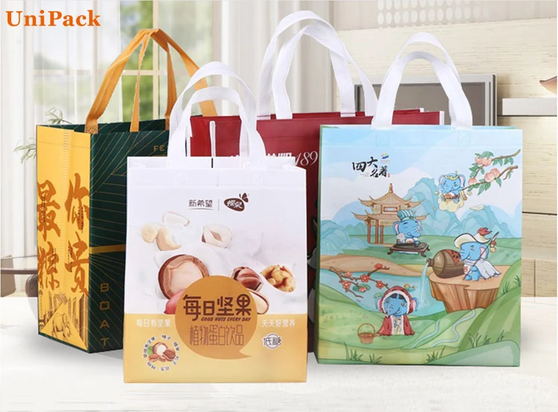 Machine made coloured nonwoven reusable shopping bag with printed logo, view 2