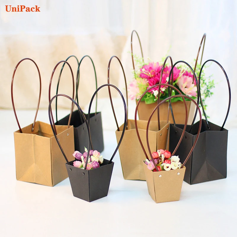 Brown kraft trapezoid flower bag with handle for a bouquet