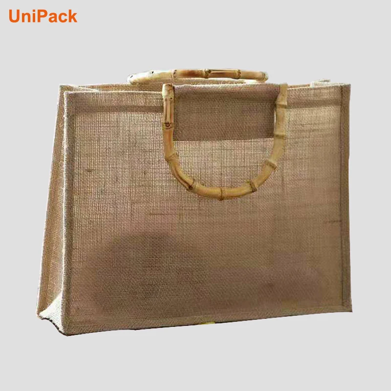 Natural burlap jute tote bag with bamboo handles and front pocket