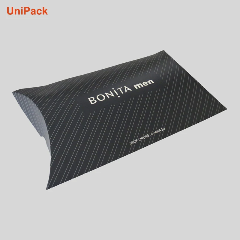Color printed art card pillow box with curved ends and foil detail