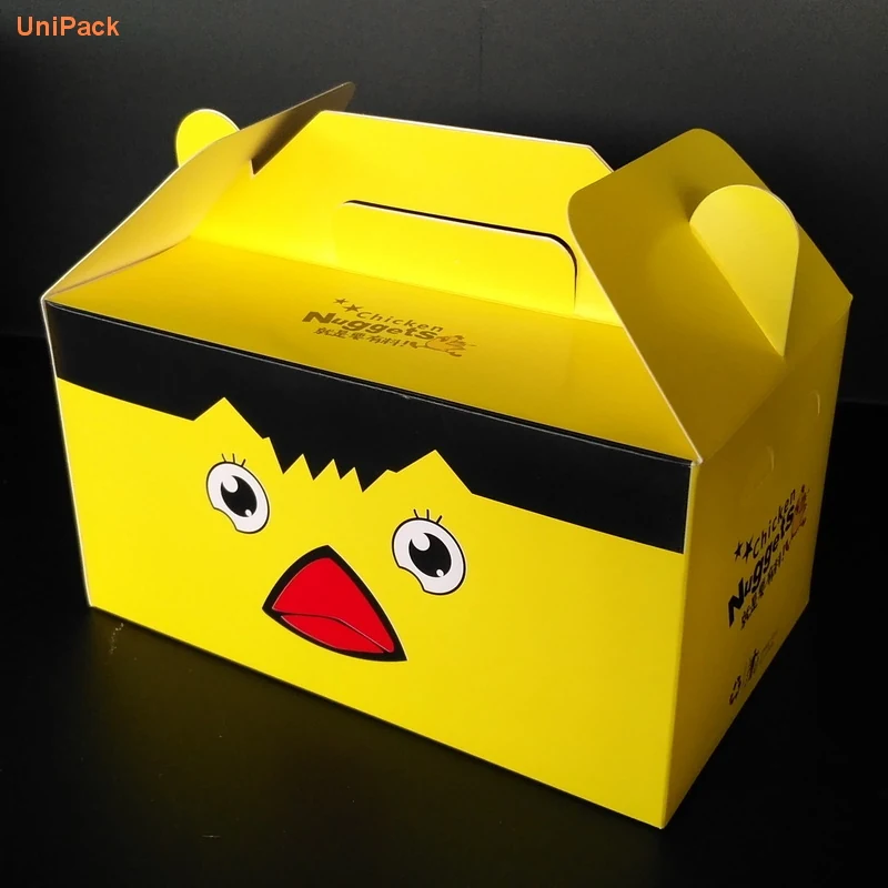 Printed chicken nuggets box in white ivory board with die cut handle