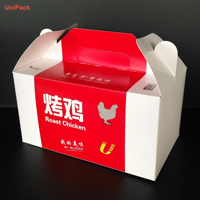 Take away chicken box with die cut handle in printed ivory board