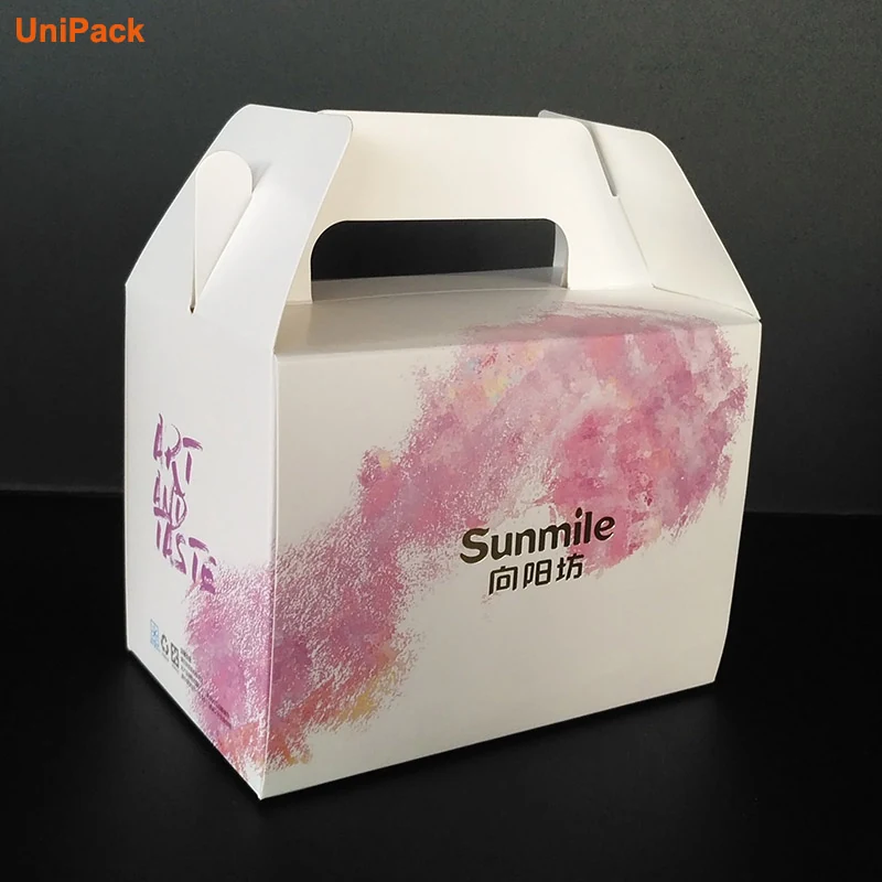 Printed take away food box 13x8xH10cm with die cut handle