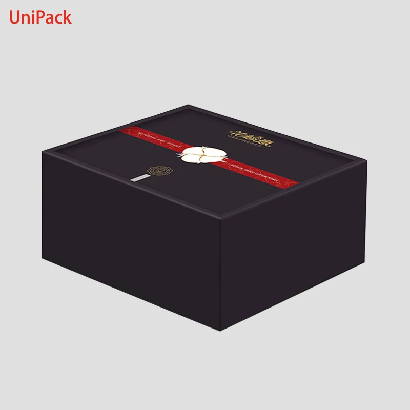 Customized paper gift box in black art card with gold foil stamped logo, view 2