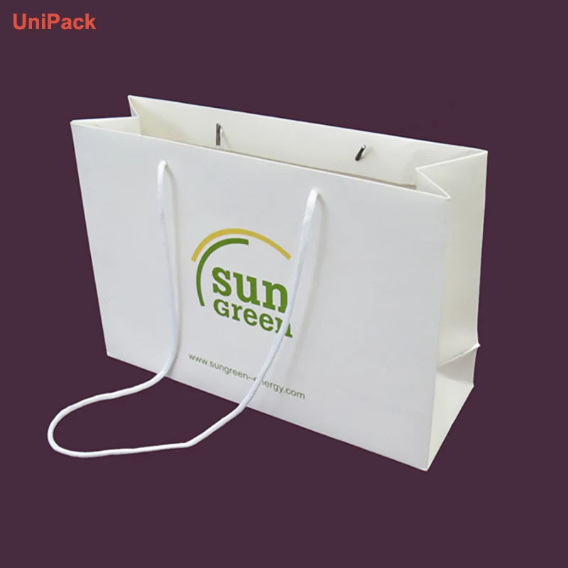 Customized retail bag printed with a brand logo on white art paper